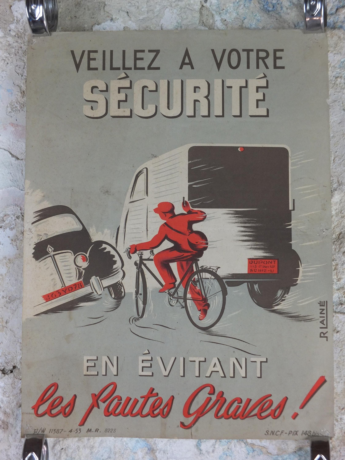 1950s SNCF cycle safety poster, avoiding serious mistakes, by R Iaine, industrial, train rail dangers, retro wall art decor