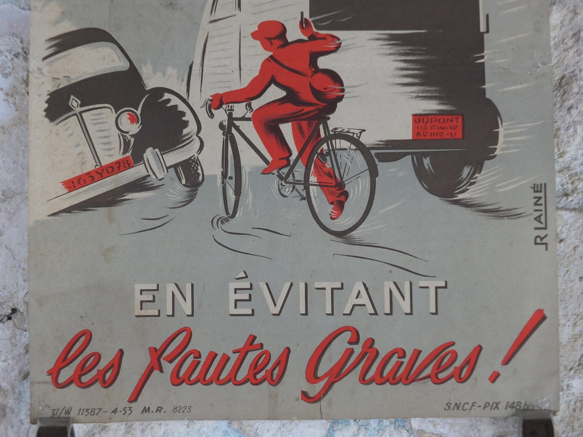 1950s SNCF cycle safety poster, avoiding serious mistakes, by R Iaine, industrial, train rail dangers, retro wall art decor