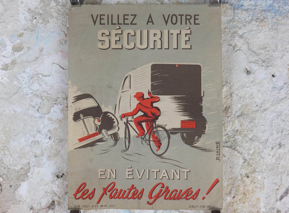 1950s SNCF cycle safety poster, avoiding serious mistakes, by R Iaine, industrial, train rail dangers, retro wall art decor