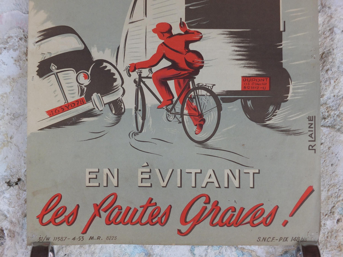 1950s SNCF cycle safety poster, avoiding serious mistakes, by R Iaine, industrial, train rail dangers, retro wall art decor