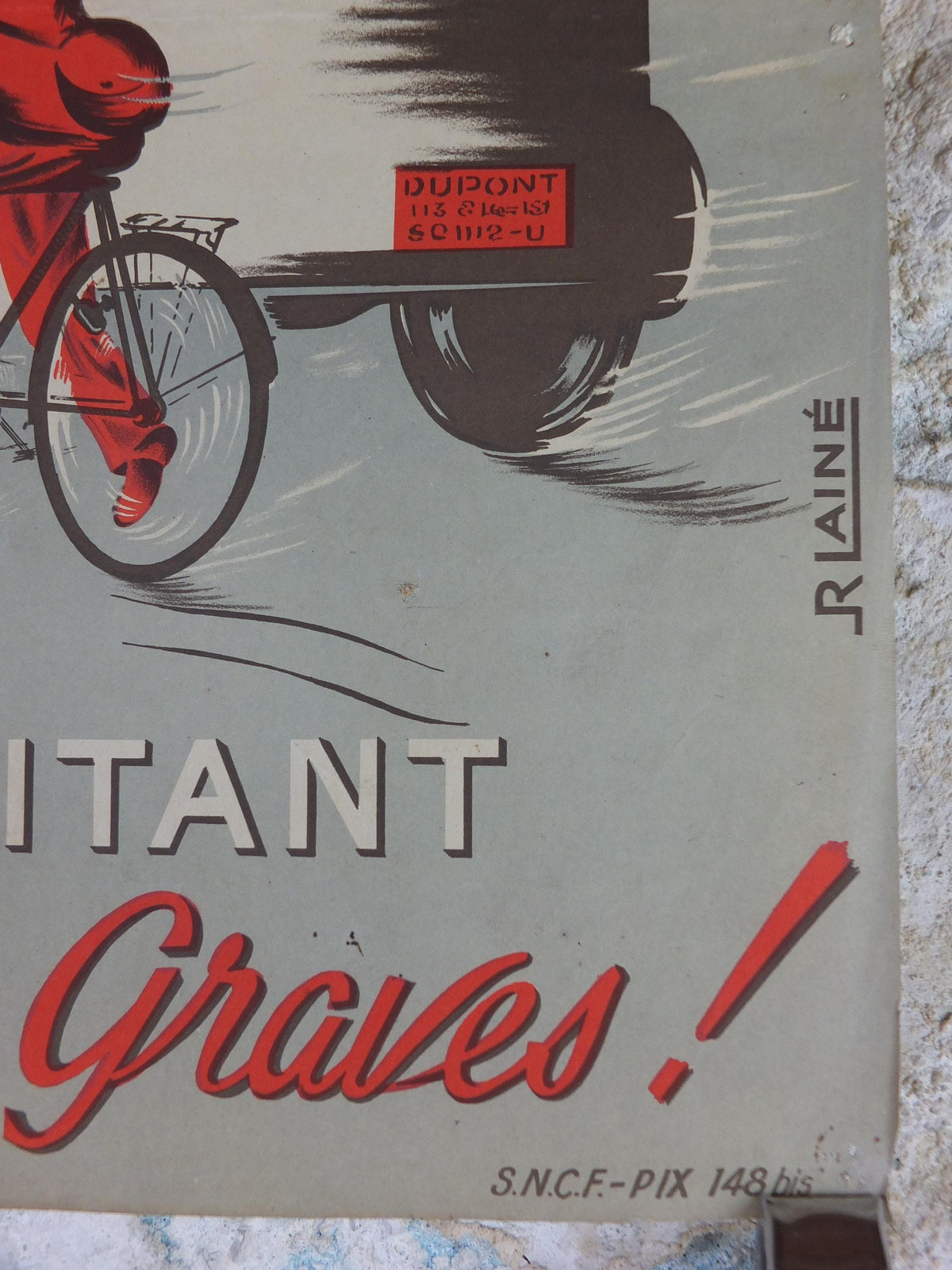 1950s SNCF cycle safety poster, avoiding serious mistakes, by R Iaine, industrial, train rail dangers, retro wall art decor