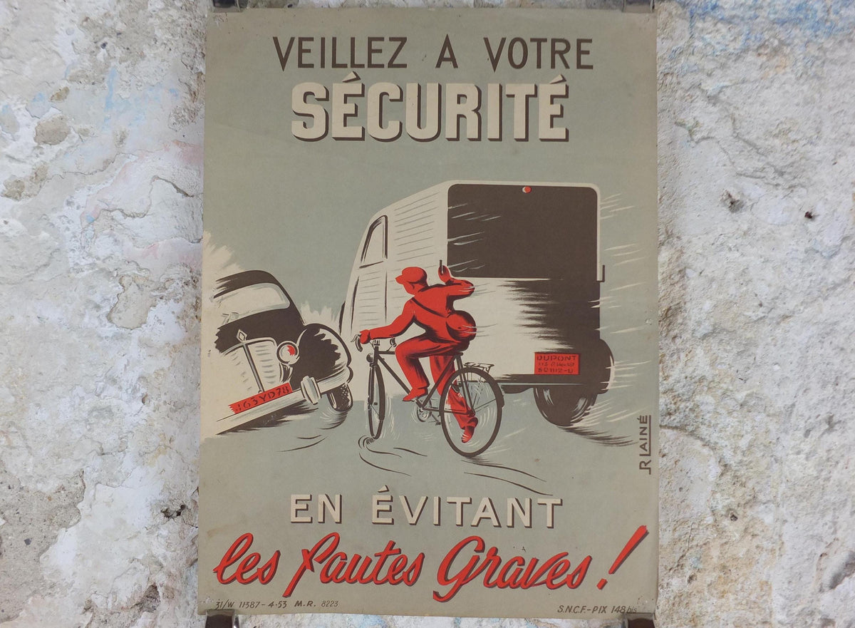 1950s SNCF cycle safety poster, avoiding serious mistakes, by R Iaine, industrial, train rail dangers, retro wall art decor