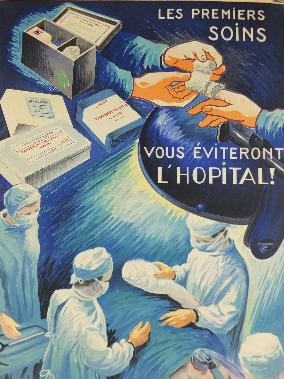 1950s Vintage First Aid French, bandages, theatre surgery, doctors, by Durupt, first aid kit, health dangers, retro wall art decor