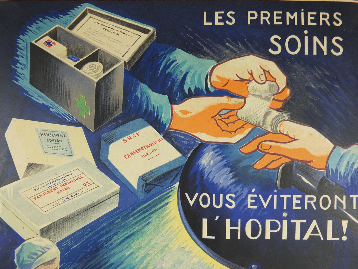 1950s Vintage First Aid French, bandages, theatre surgery, doctors, by Durupt, first aid kit, health dangers, retro wall art decor