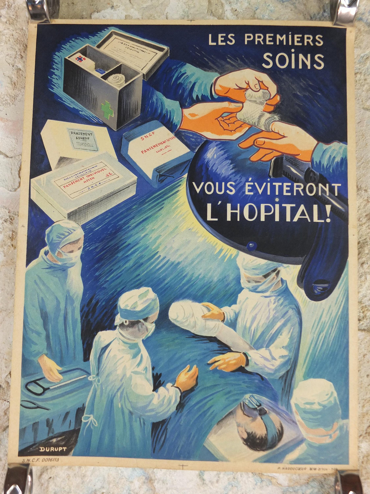 1950s Vintage First Aid French, bandages, theatre surgery, doctors, by Durupt, first aid kit, health dangers, retro wall art decor