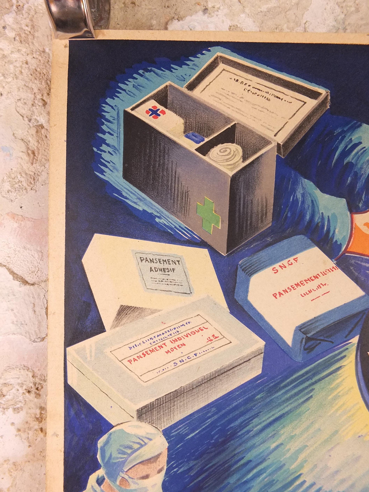 1950s Vintage First Aid French, bandages, theatre surgery, doctors, by Durupt, first aid kit, health dangers, retro wall art decor