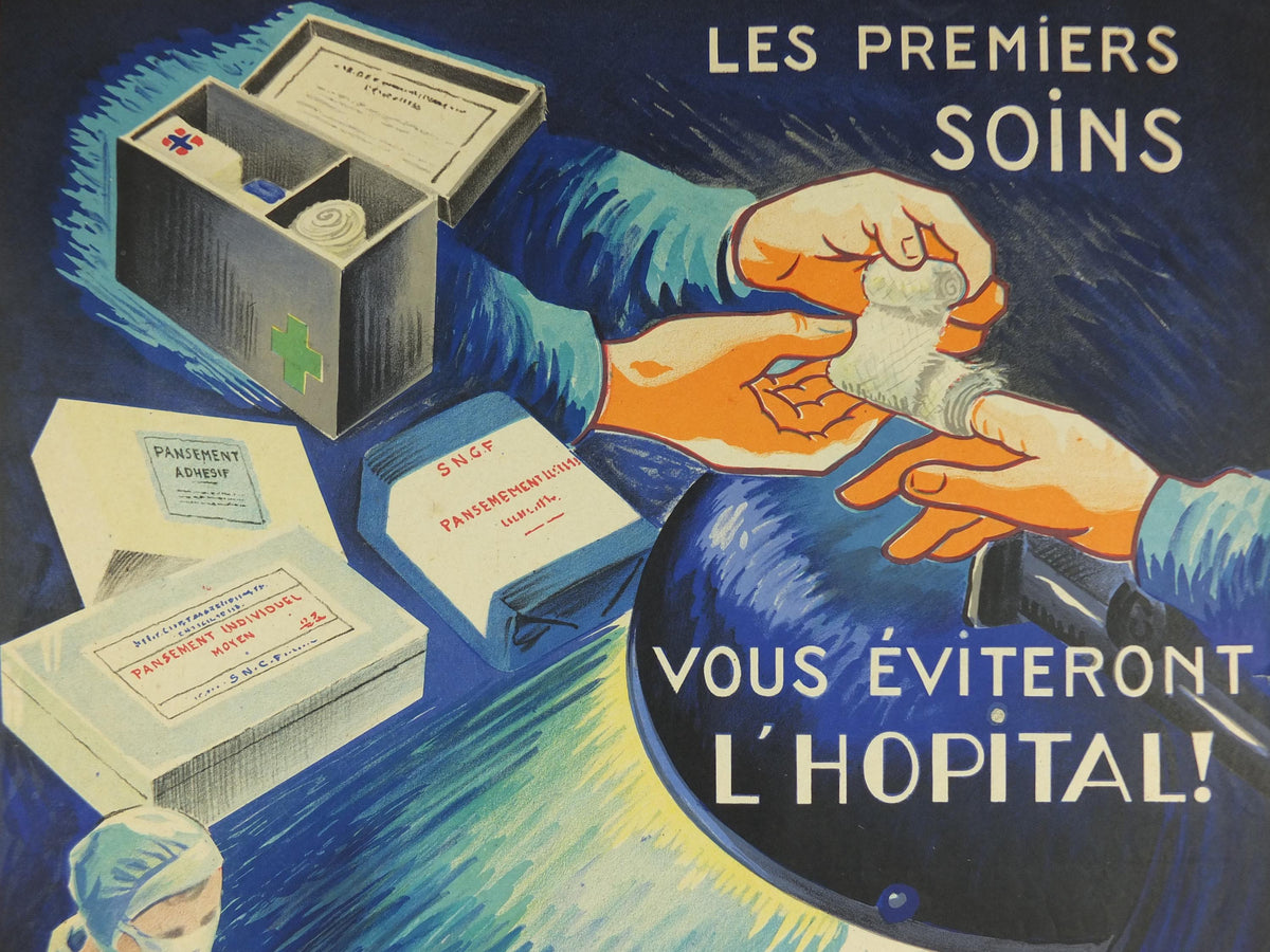 1950s Vintage First Aid French, bandages, theatre surgery, doctors, by Durupt, first aid kit, health dangers, retro wall art decor