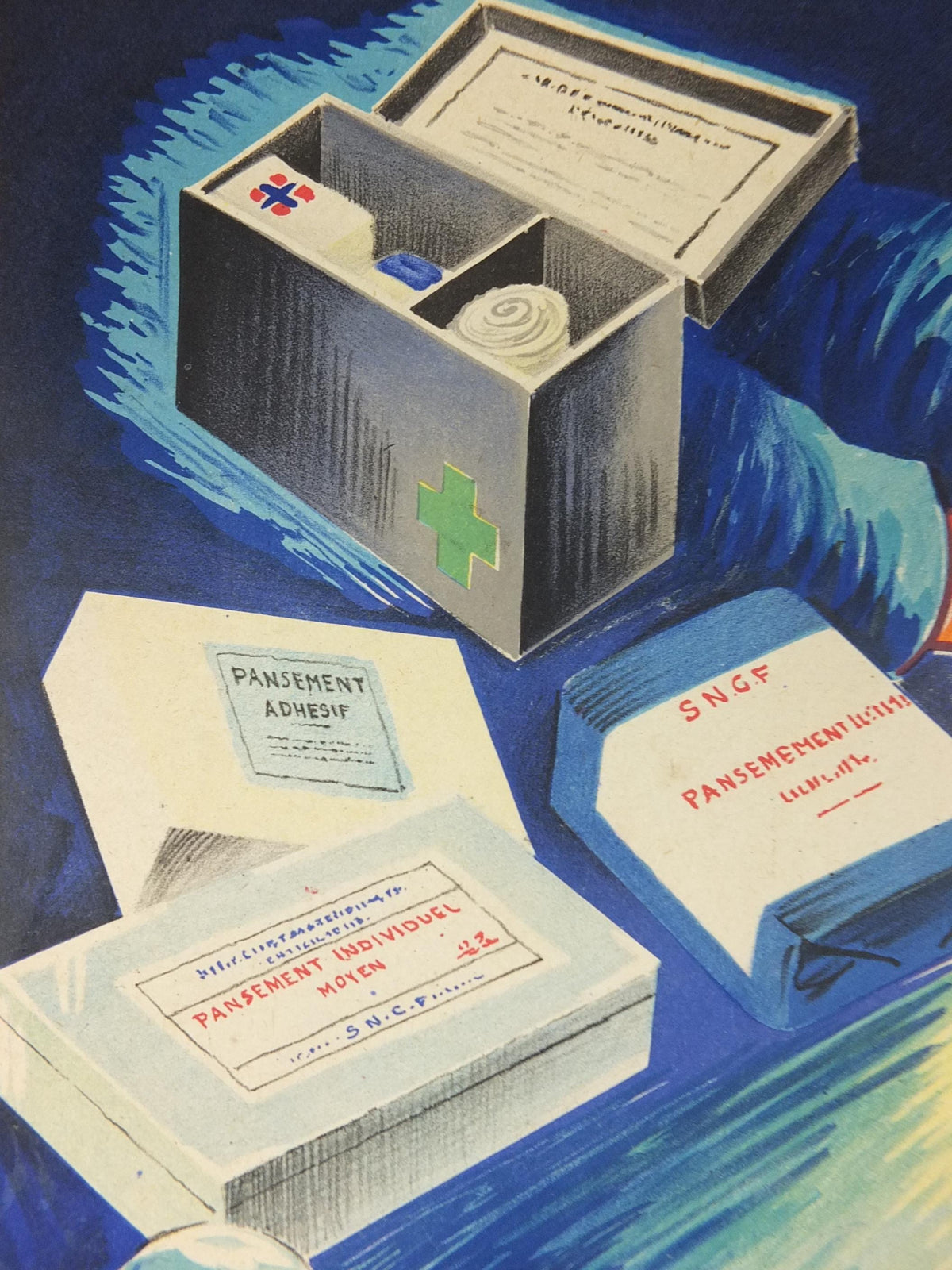 1950s Vintage First Aid French, bandages, theatre surgery, doctors, by Durupt, first aid kit, health dangers, retro wall art decor
