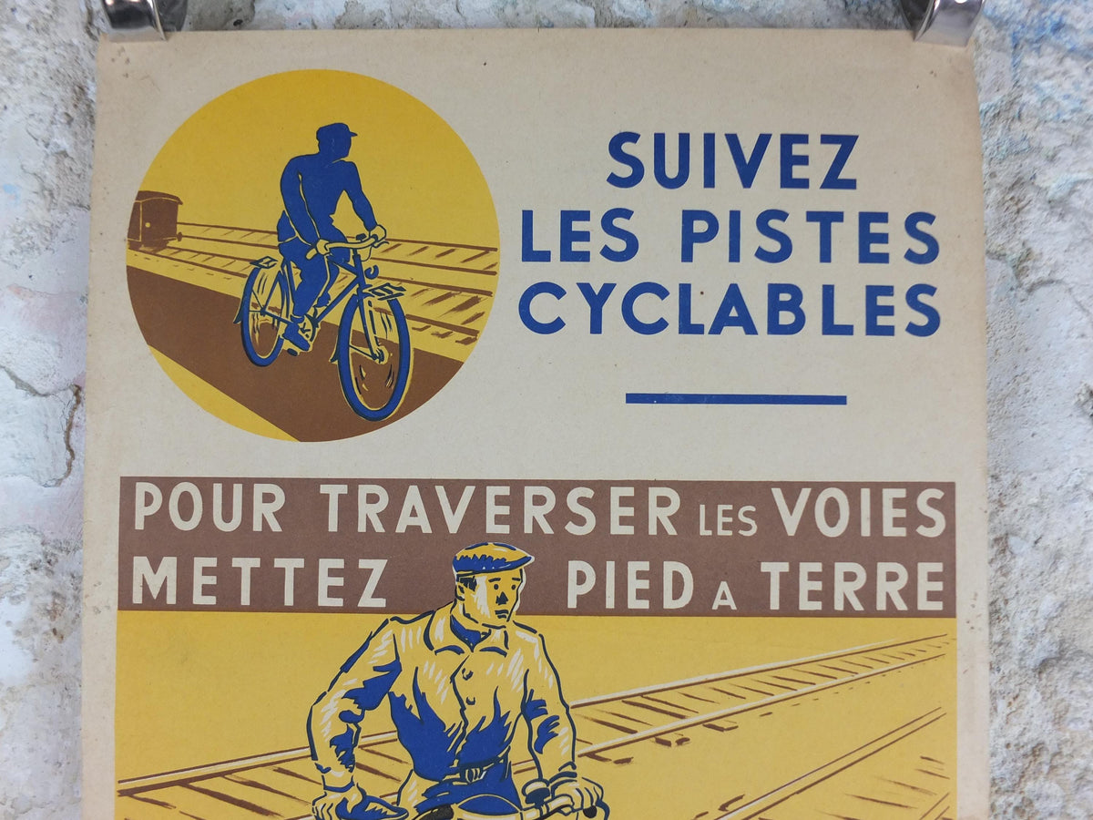 1950s SNCF cycle safety poster, Follow the cycle paths, by Durupt, industrial, train rail dangers, retro wall art decor