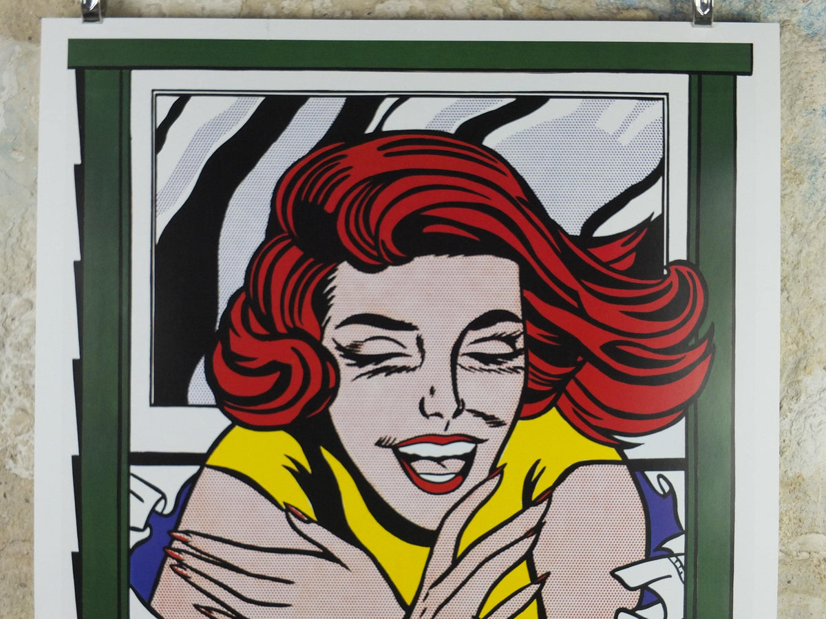 1999 Roy Lichtenstein Poster, "Girl in Window" 1963, Laughing red head, Reflections, Gallery Exhibition wall art decor and memorabilia