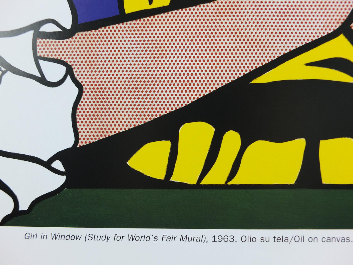 1999 Roy Lichtenstein Poster, "Girl in Window" 1963, Laughing red head, Reflections, Gallery Exhibition wall art decor and memorabilia