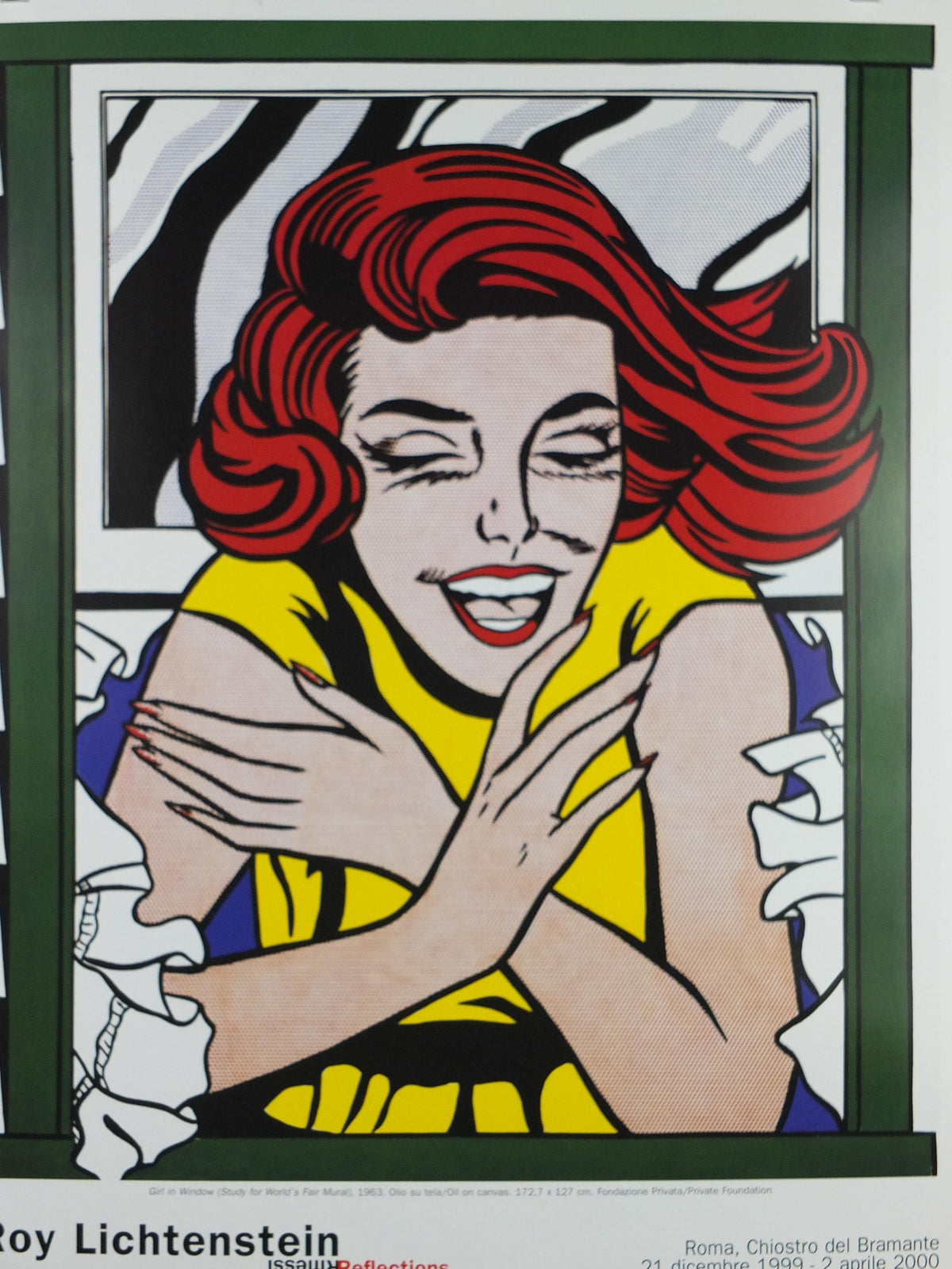 1999 Roy Lichtenstein Poster, "Girl in Window" 1963, Laughing red head, Reflections, Gallery Exhibition wall art decor and memorabilia