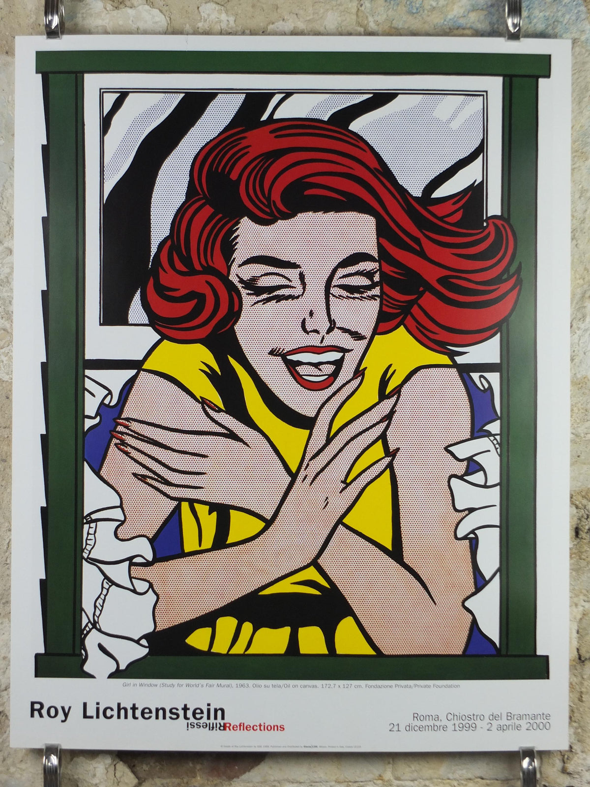 1999 Roy Lichtenstein Poster, "Girl in Window" 1963, Laughing red head, Reflections, Gallery Exhibition wall art decor and memorabilia