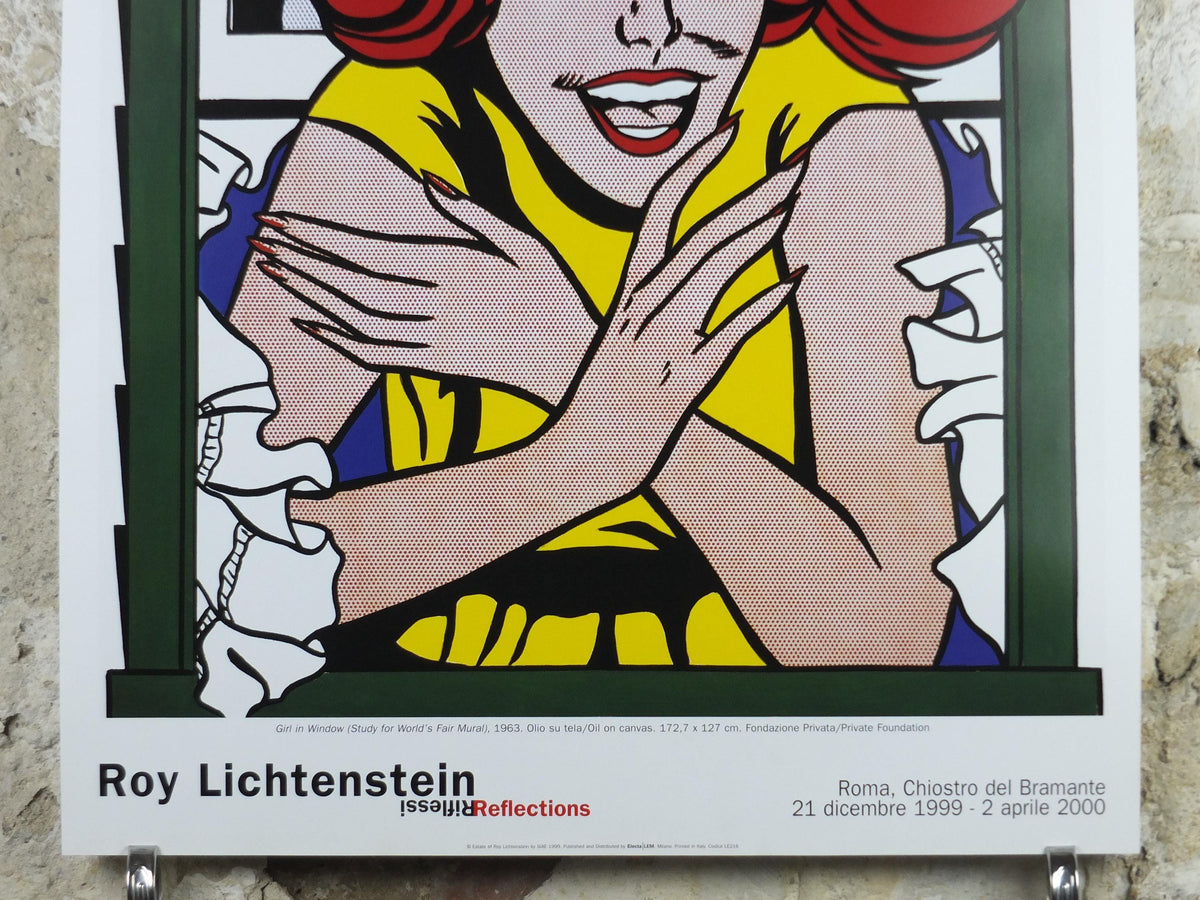 1999 Roy Lichtenstein Poster, "Girl in Window" 1963, Laughing red head, Reflections, Gallery Exhibition wall art decor and memorabilia