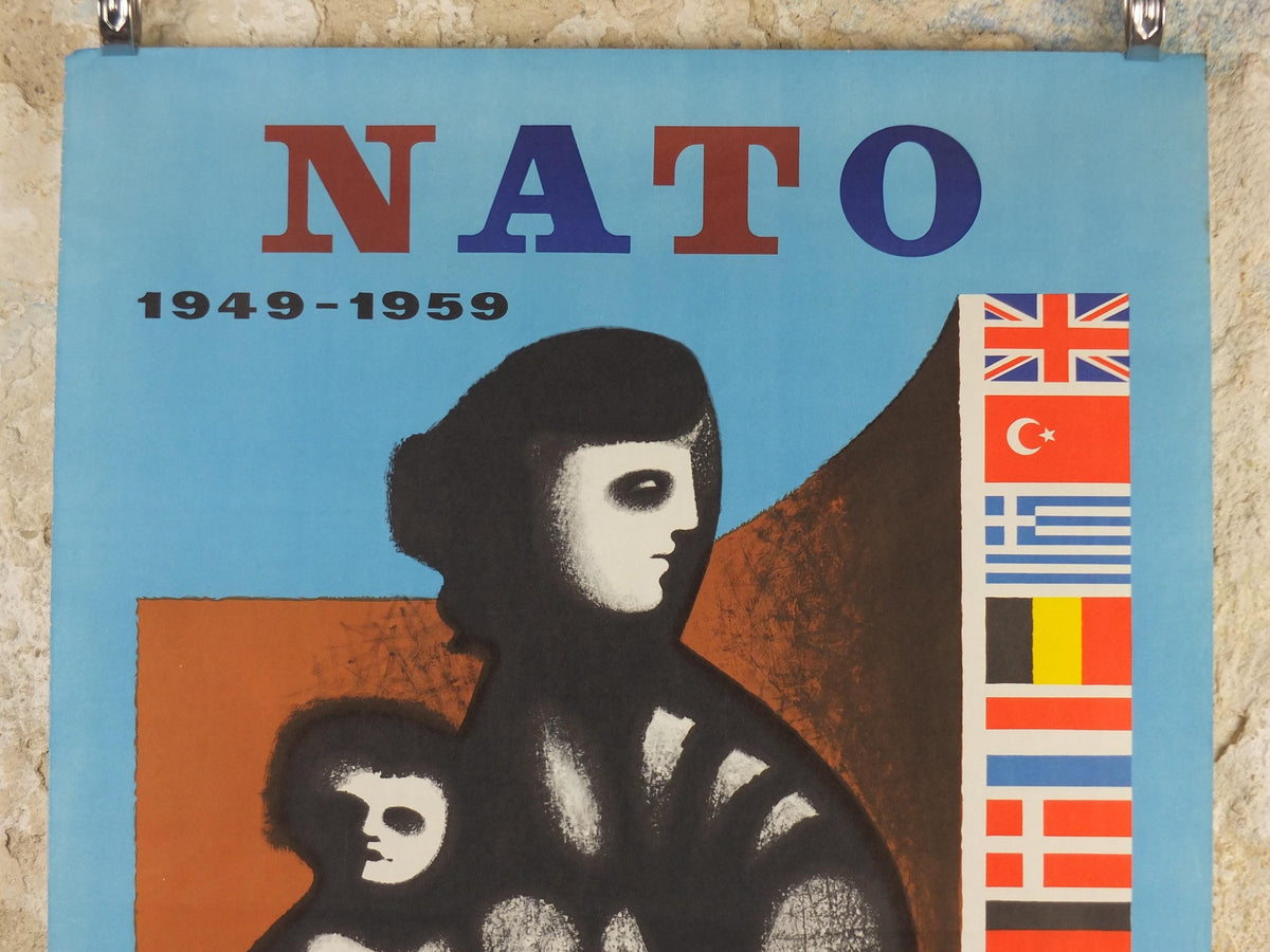 1959 NATO Poster, Wall of Flags protects Mother and Child in the West, 10 year anniversary 1949 - 1959, Political Propaganda, wall art decor