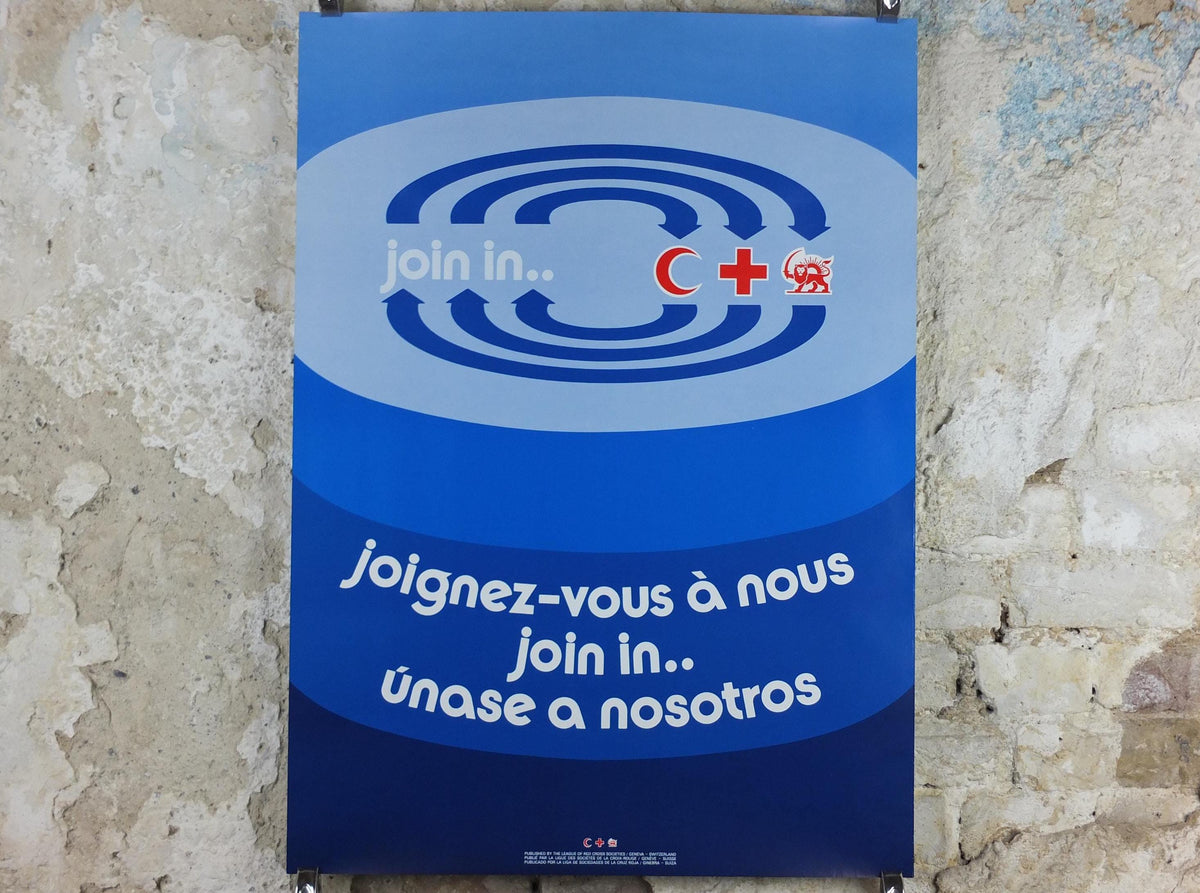 1977 Red Cross Poster, International Federation of Red Cross and Red Crescent Societies (IFRC), Join Us, humanitarian aid wall art decor