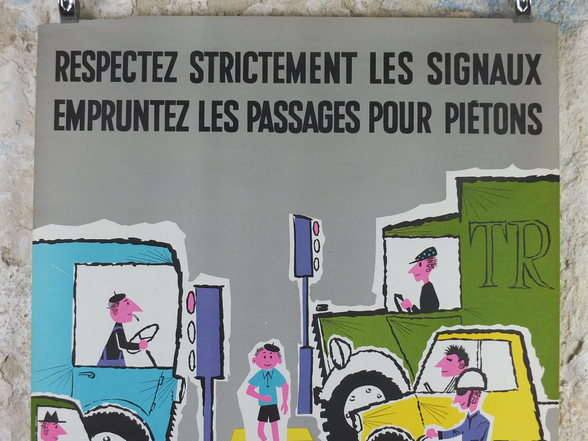 1960s French road safety poster, Road Zebra Crossing, by Besserve, industrial, pedestrian dangers, retro wall art decor