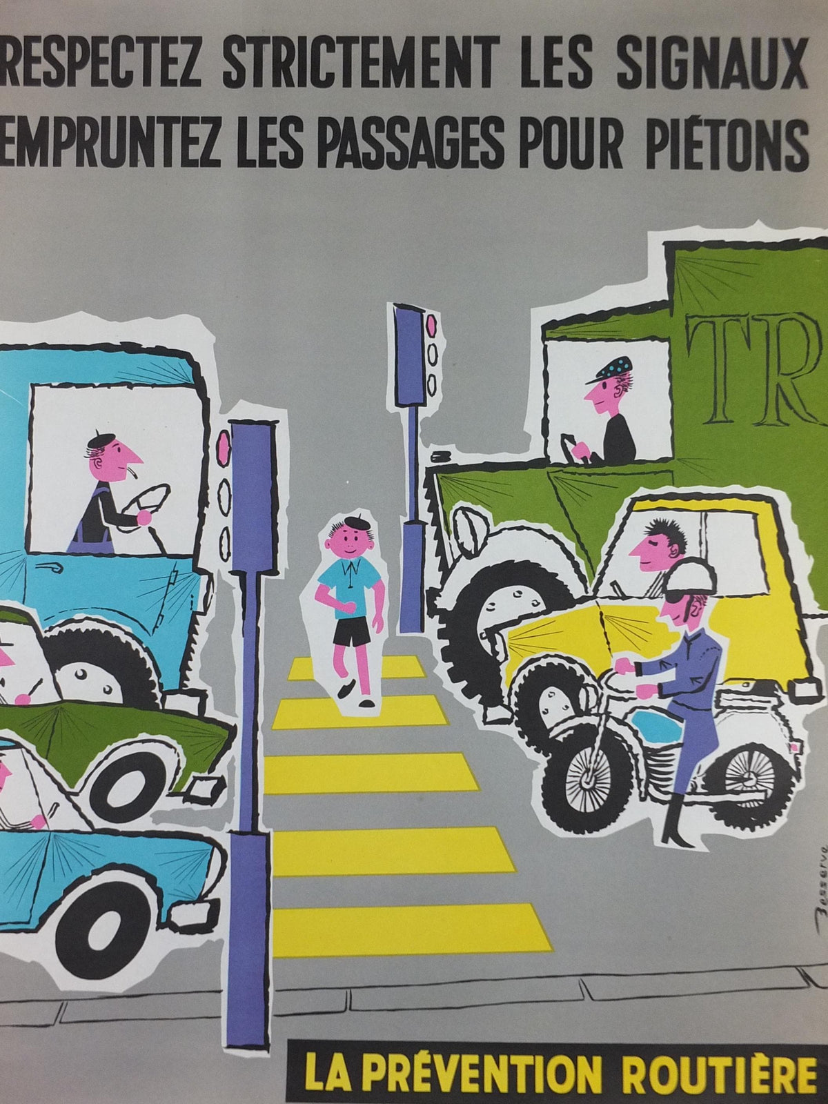 1960s French road safety poster, Road Zebra Crossing, by Besserve, industrial, pedestrian dangers, retro wall art decor