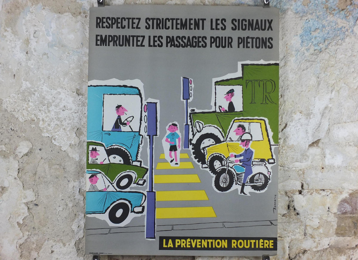 1960s French road safety poster, Road Zebra Crossing, by Besserve, industrial, pedestrian dangers, retro wall art decor