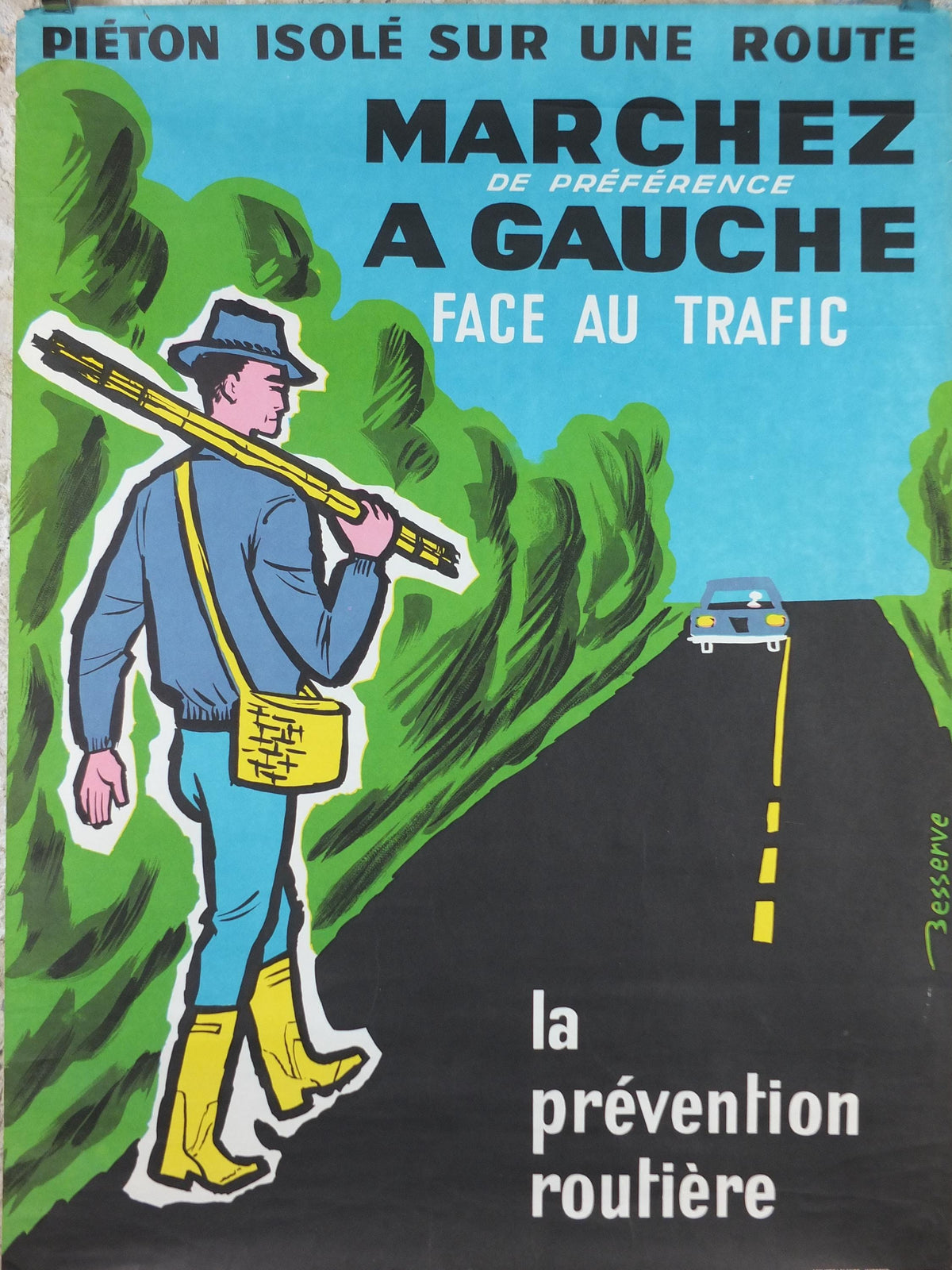 1960s French road safety poster, Walk on the Left facing Traffic, by Besserve, industrial, pedestrian dangers, retro wall art decor