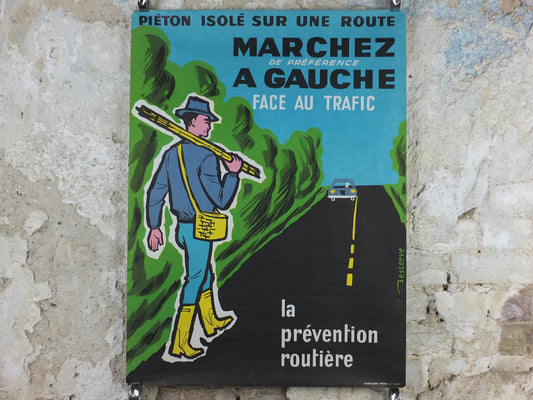 1960s French road safety poster, Walk on the Left facing Traffic, by Besserve, industrial, pedestrian dangers, retro wall art decor