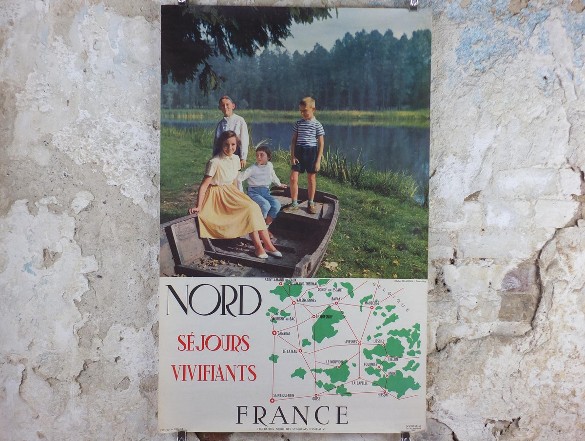 1950s France Travel Poster, Exciting stays in Picardy Northern France, Family boating, Sejours Vivifiants Nord France, travel wall art decor