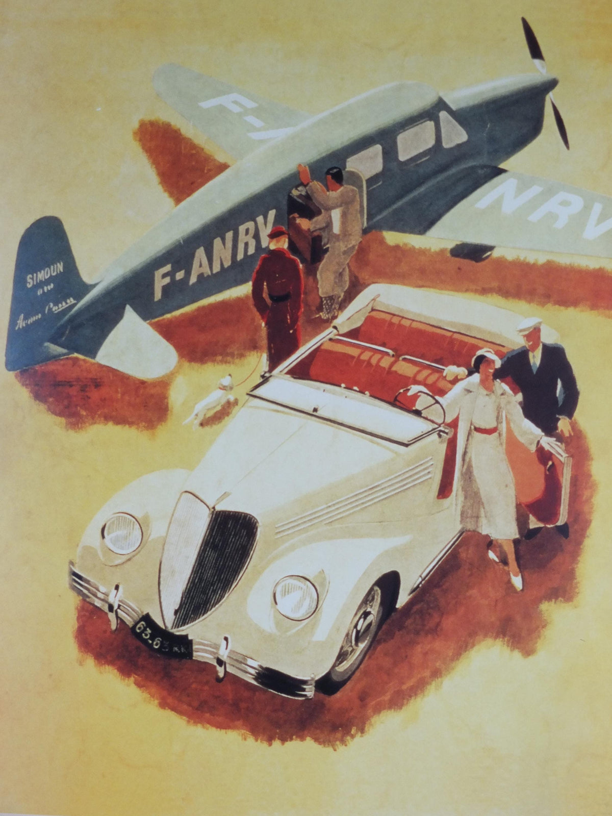 Renault Poster, Renault roadster with a plane vintage French carmaker, reprint from 2003, modernist art deco, wall art decor