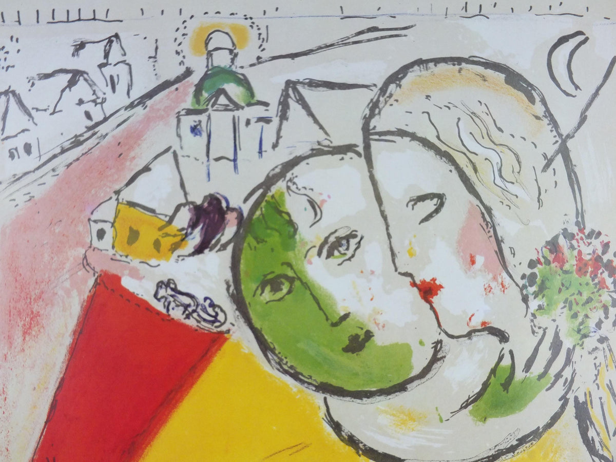 1979 Marc Chagall Poster, Paris View 1954, The Lovers of Notre Dame, Cubism and Expressionism, gallery exhibition, wall art decor