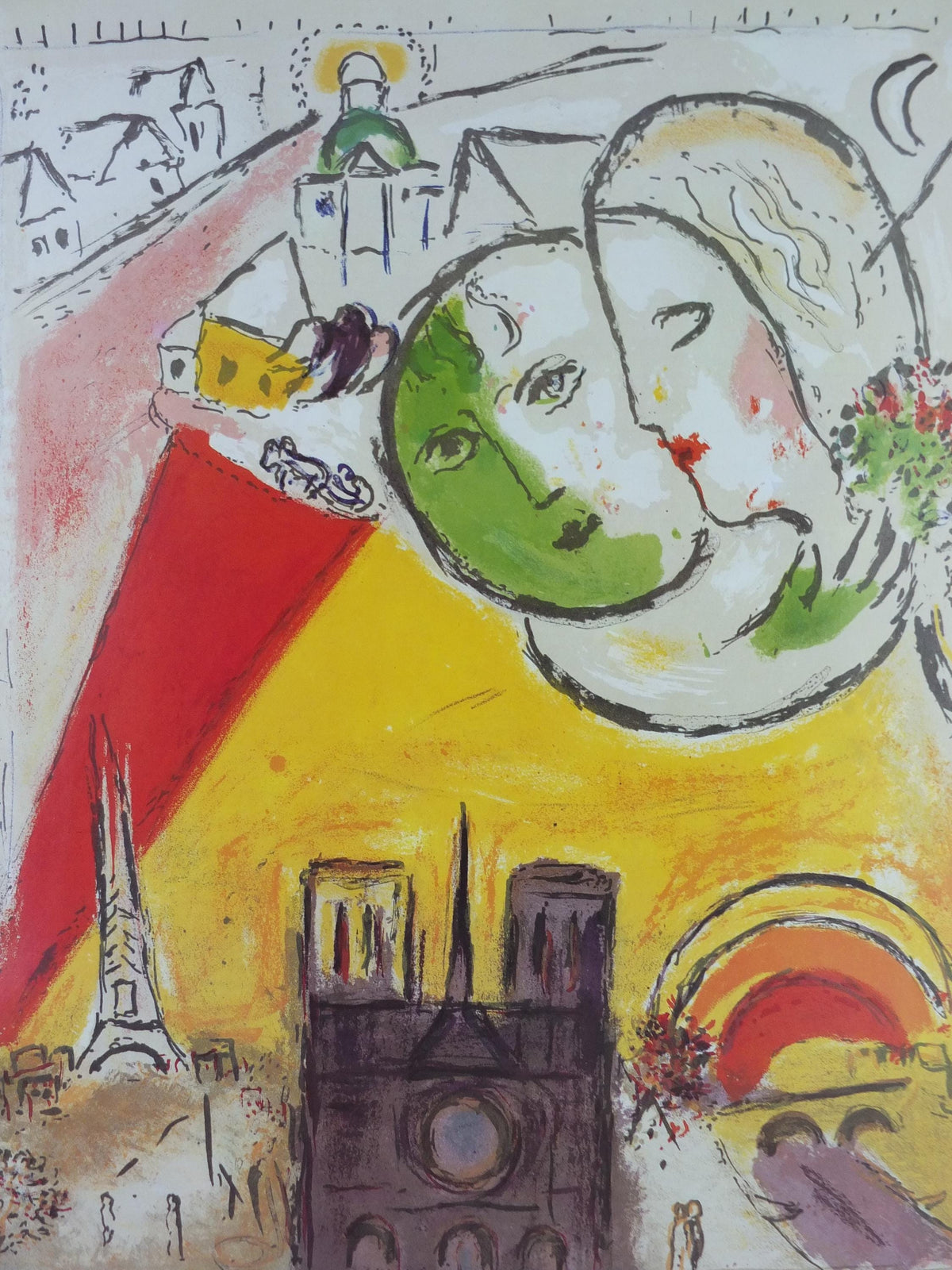 1979 Marc Chagall Poster, Paris View 1954, The Lovers of Notre Dame, Cubism and Expressionism, gallery exhibition, wall art decor