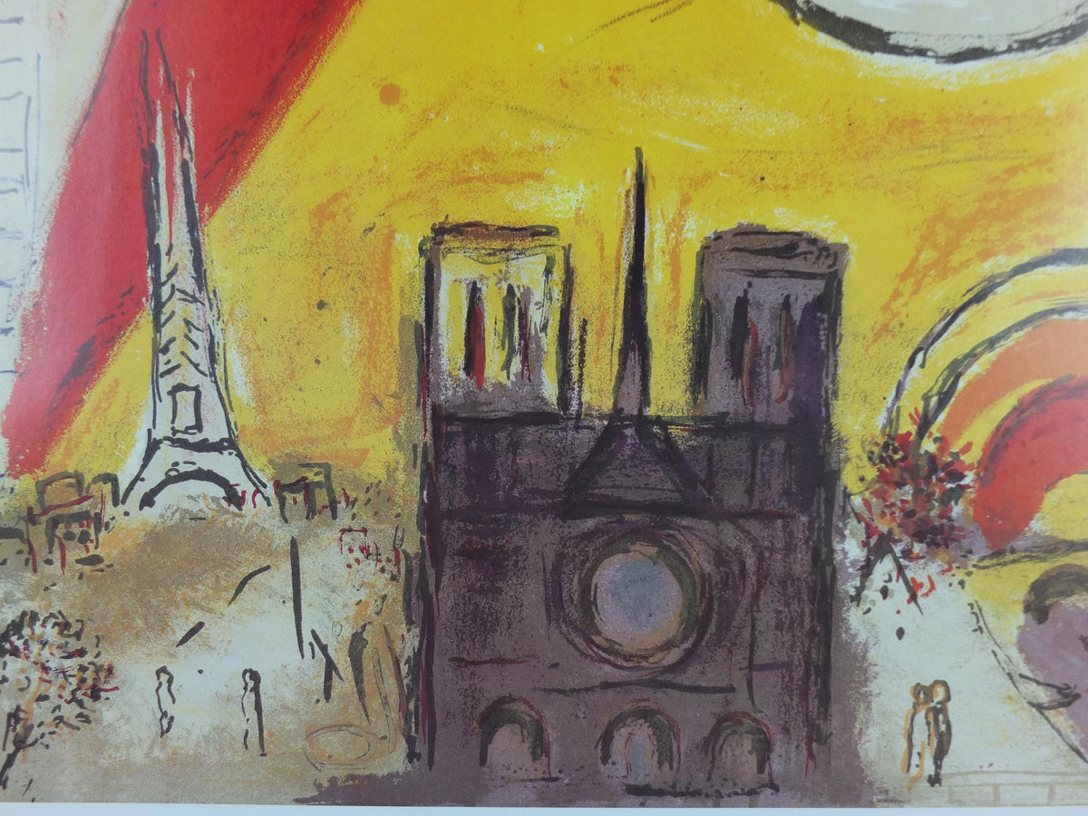 1979 Marc Chagall Poster, Paris View 1954, The Lovers of Notre Dame, Cubism and Expressionism, gallery exhibition, wall art decor