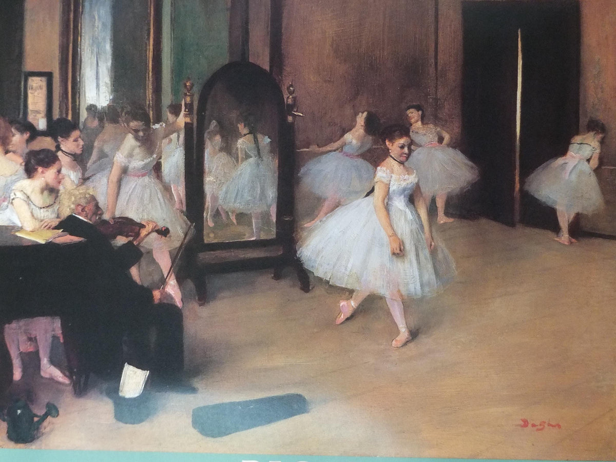 1988 Ballet Dance Class Poster, Edgar Degas from 1871, shows a dance class of ballerinas, gallery exhibition wall art decor