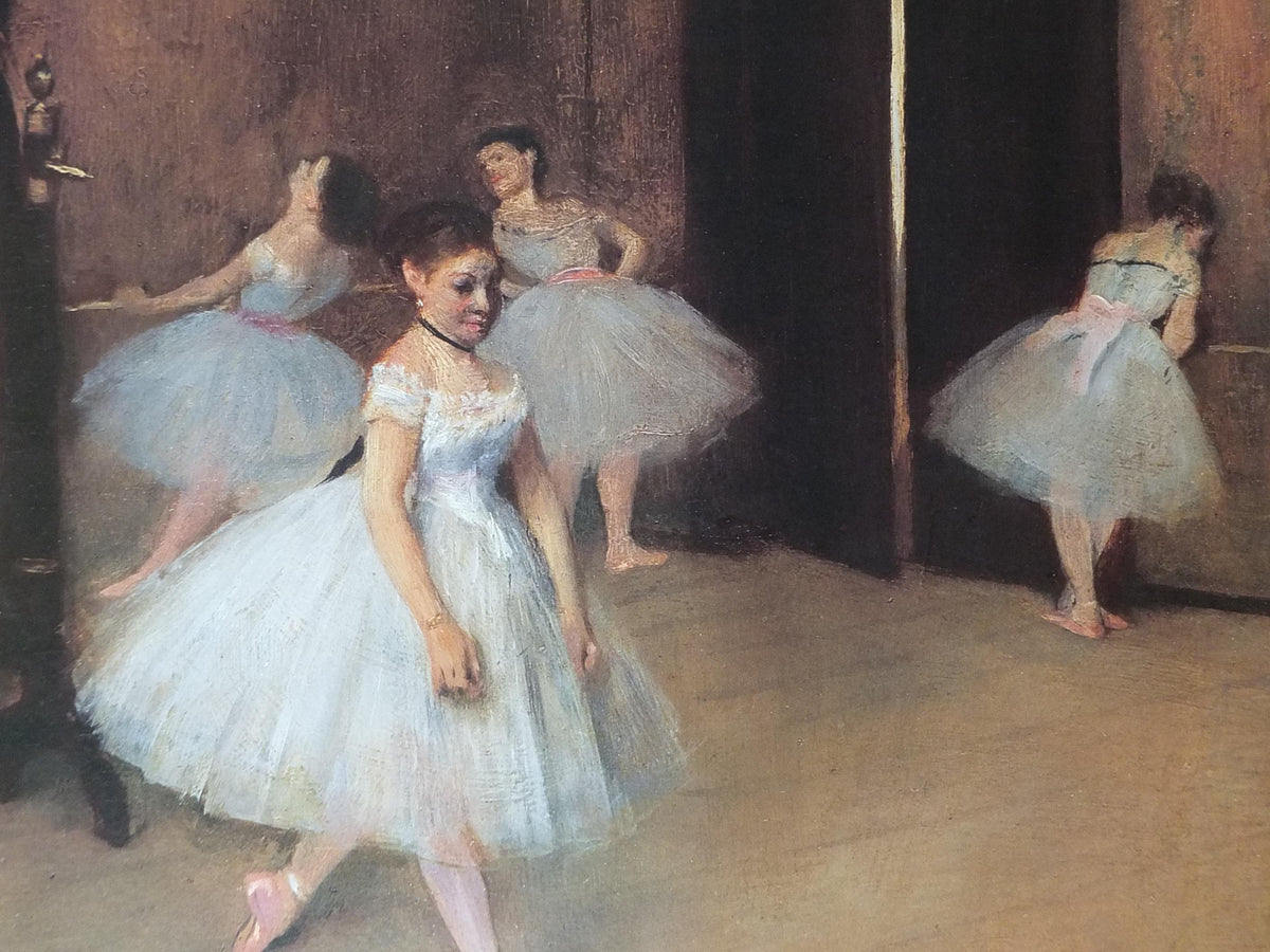 1988 Ballet Dance Class Poster, Edgar Degas from 1871, shows a dance class of ballerinas, gallery exhibition wall art decor