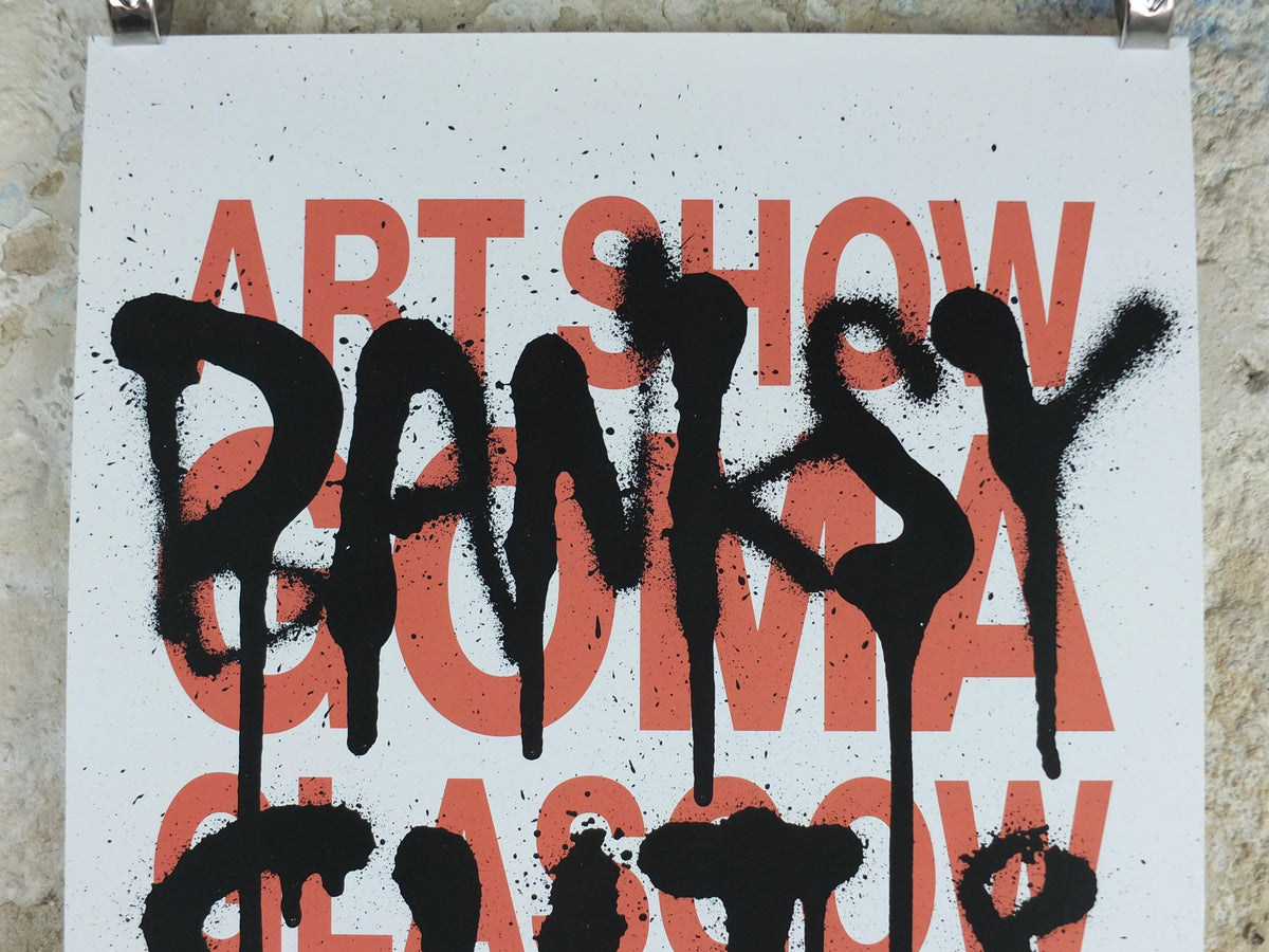 2023 Banksy Cut & Run Poster, Art Show stencil lettering spray paint, GOMA, Glasgow, Pop Art gallery exhibition, wall art decor