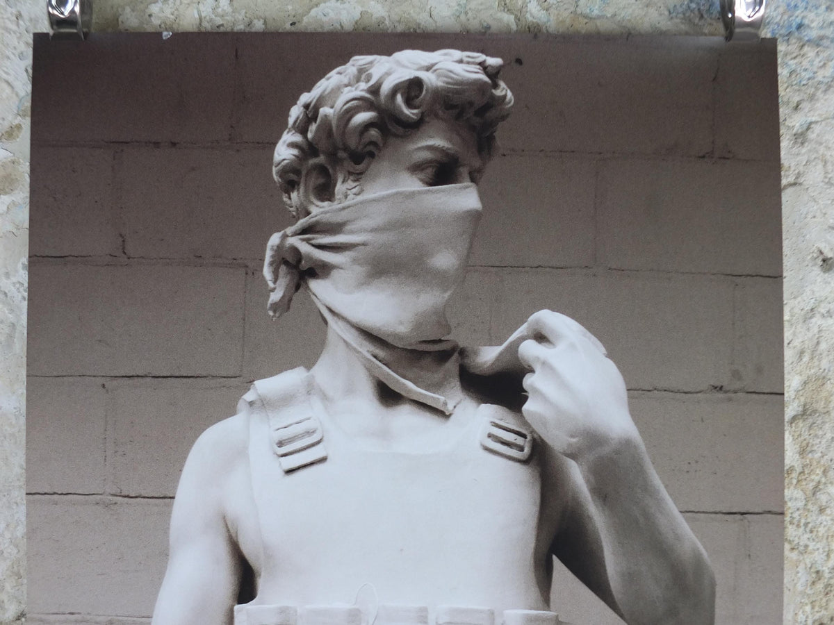2009 Banksy V Bristol Museum Poster, David statue by Michelangelo, vest and bandana, Pop Art gallery exhibition, wall art decor