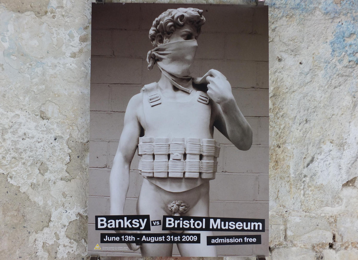 2009 Banksy V Bristol Museum Poster, David statue by Michelangelo, vest and bandana, Pop Art gallery exhibition, wall art decor