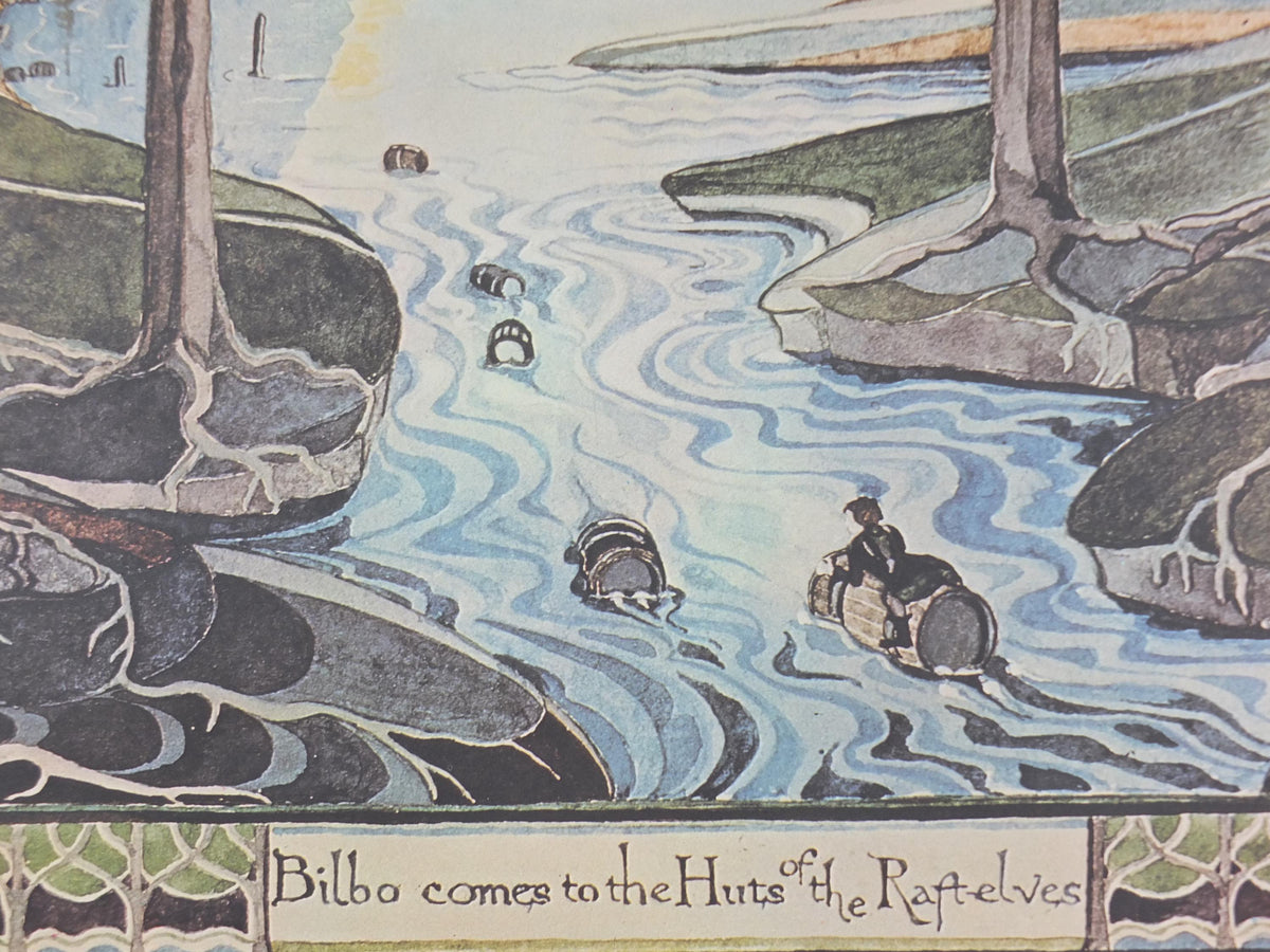 1970s Bilbo Comes to the Huts of the Raft Elves Poster, by J.R.R. Tolkien, George Allen & Unwin, The Hobbit, fantasy wall art decor