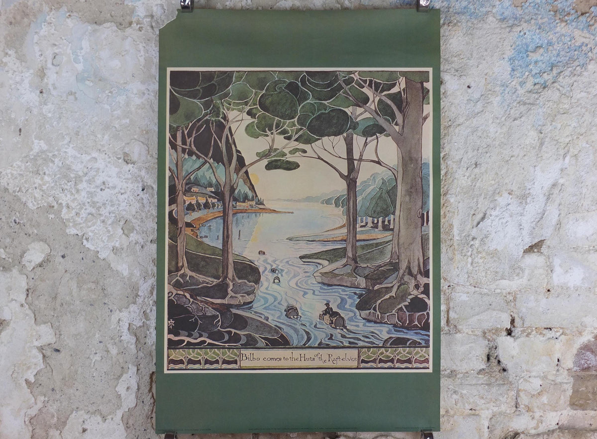1970s Bilbo Comes to the Huts of the Raft Elves Poster, by J.R.R. Tolkien, George Allen & Unwin, The Hobbit, fantasy wall art decor