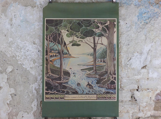1970s Bilbo Comes to the Huts of the Raft Elves Poster, by J.R.R. Tolkien, George Allen & Unwin, The Hobbit, fantasy wall art decor