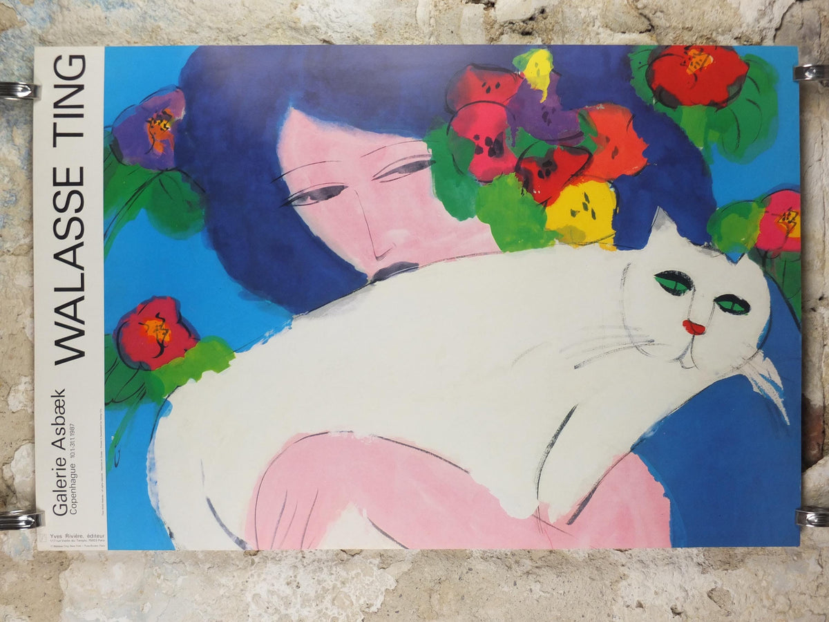1987 Walasse Ting Poster, Woman with White Cat 1987, cat & flowers, colourful popular figuratism, pop art, gallery, wall art decor