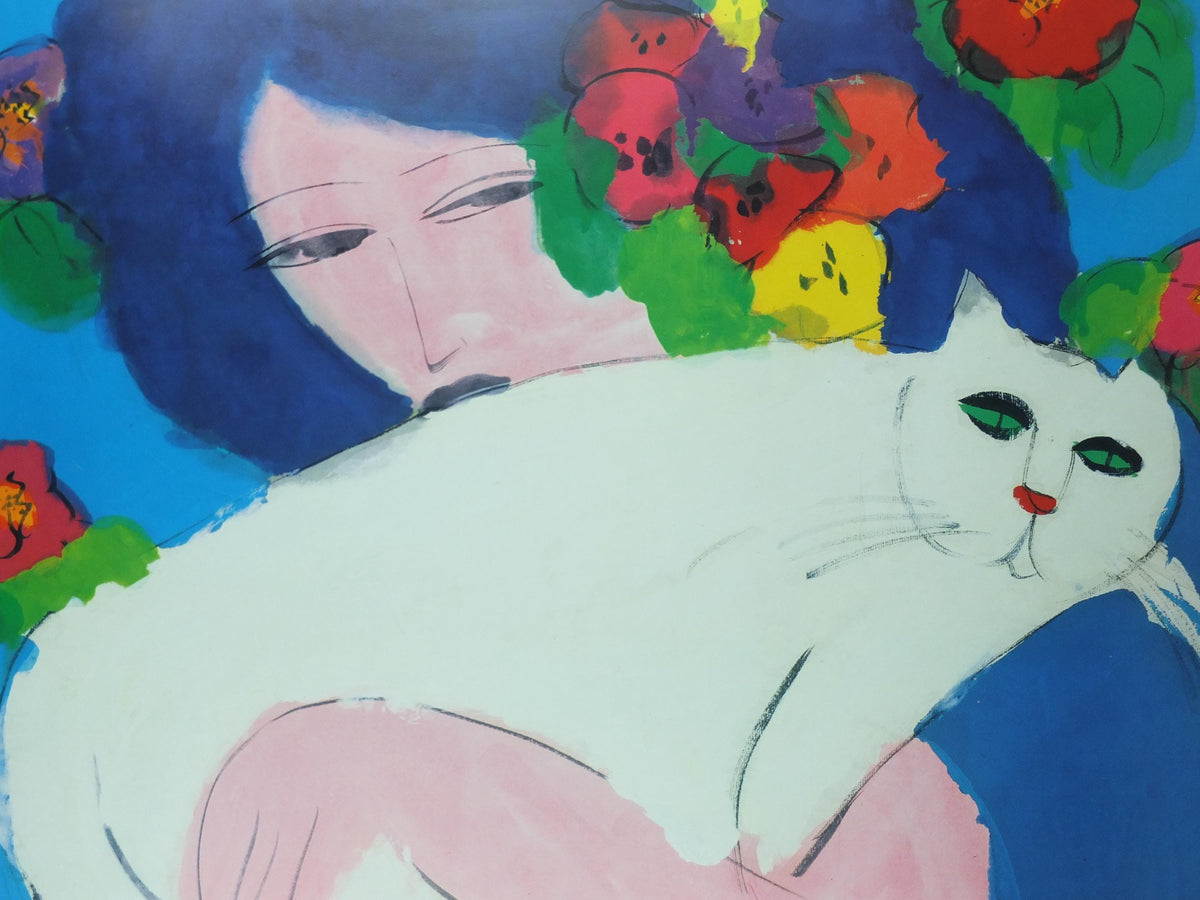 1987 Walasse Ting Poster, Woman with White Cat 1987, cat & flowers, colourful popular figuratism, pop art, gallery, wall art decor