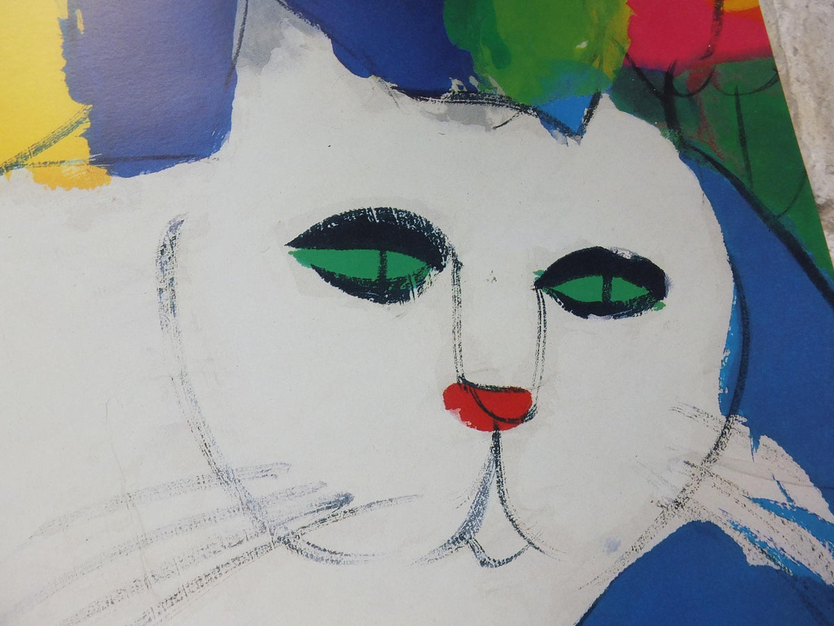 1987 Walasse Ting Poster, Woman with White Cat 1987, cat & flowers, colourful popular figuratism, pop art, gallery, wall art decor