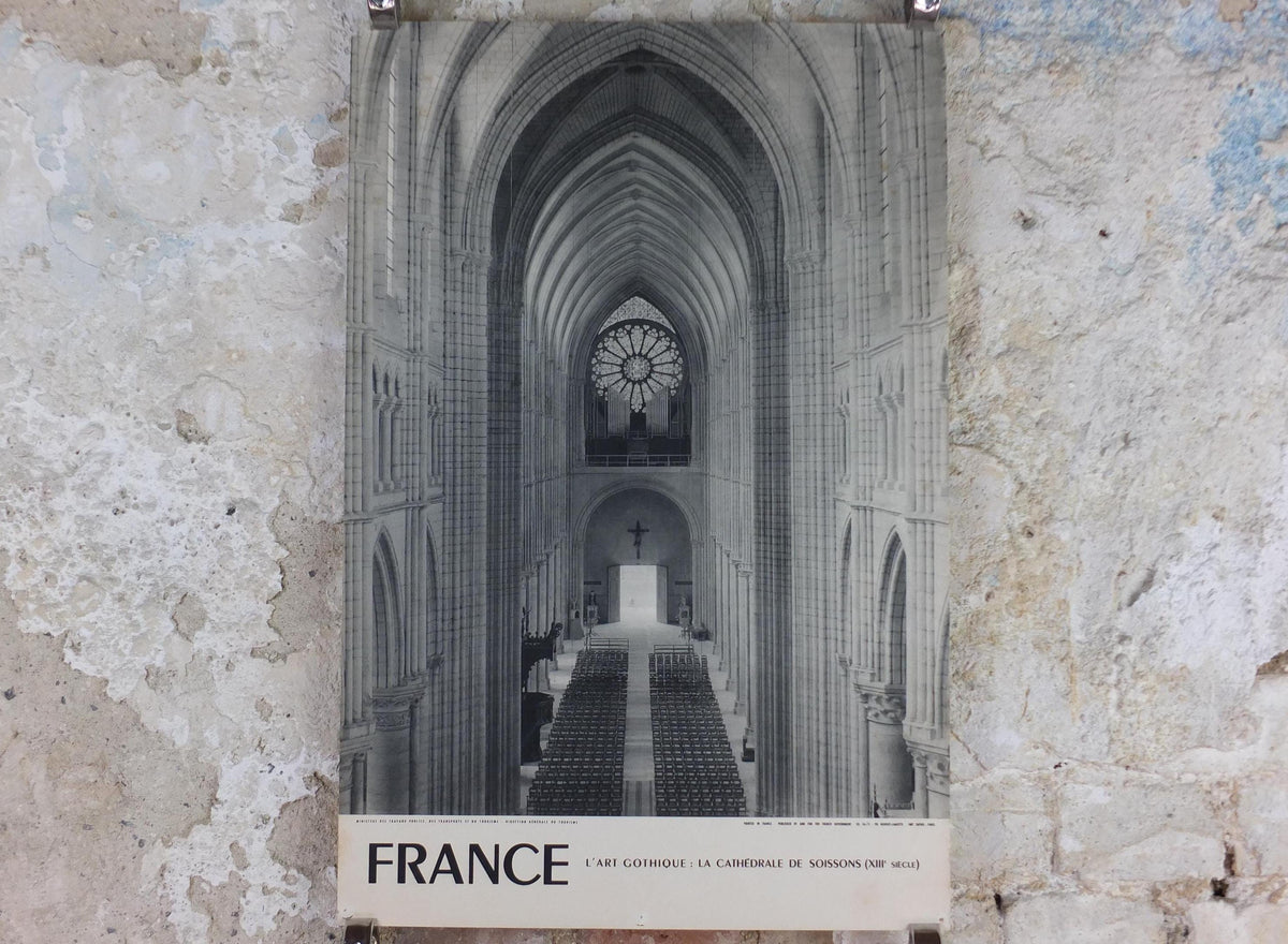 1960s Soissons Cathedral France Poster, printed by French Government, travel tourism holiday vacation wall art decor
