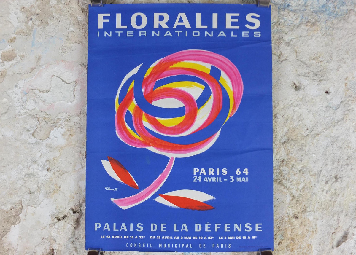 1964 International Paris Flower Show Poster, Floralies Internationales, Paris, Palais de la Defense, by Villemot, retro wall art decor