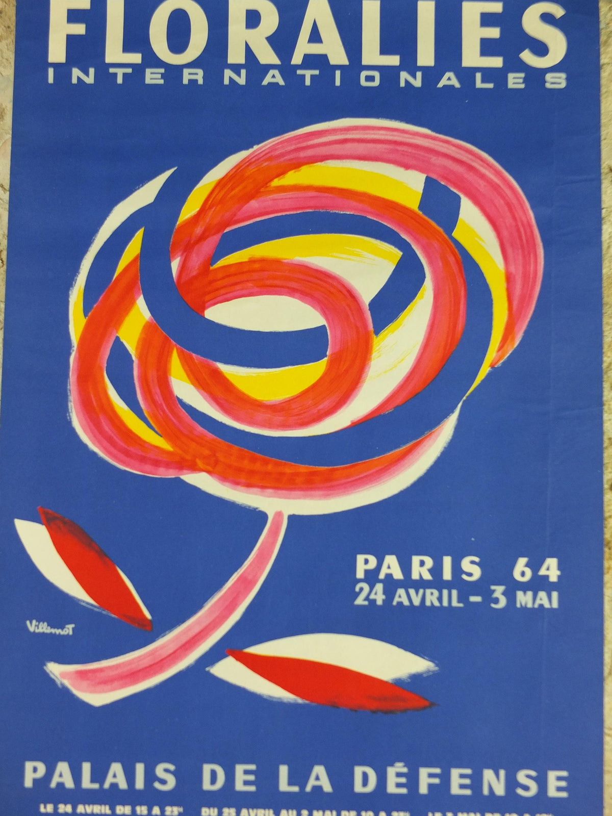 1964 International Paris Flower Show Poster, Floralies Internationales, Paris, Palais de la Defense, by Villemot, retro wall art decor