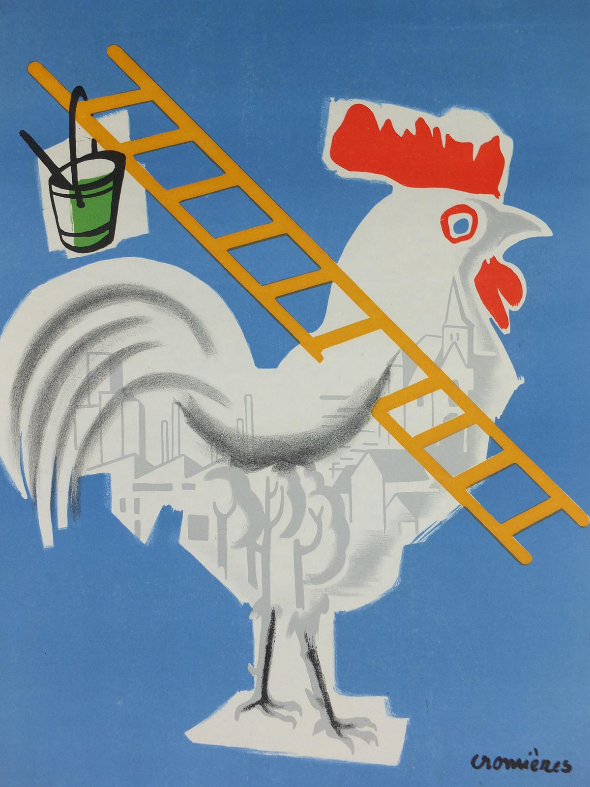 1951 Beautiful France Poster, Rooster with ladder building a better future for France, by Cromienes, wall art decor