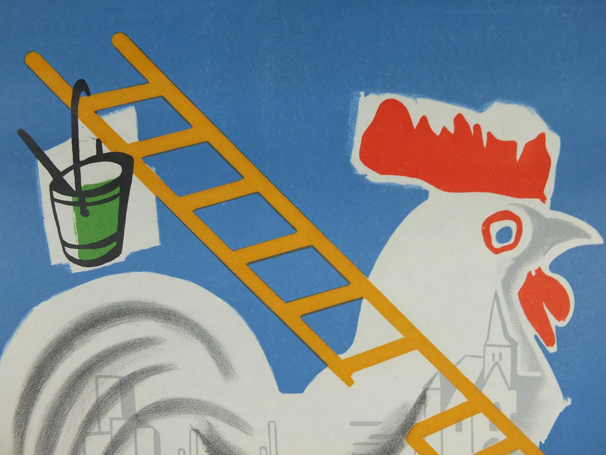 1951 Beautiful France Poster, Rooster with ladder building a better future for France, by Cromienes, wall art decor