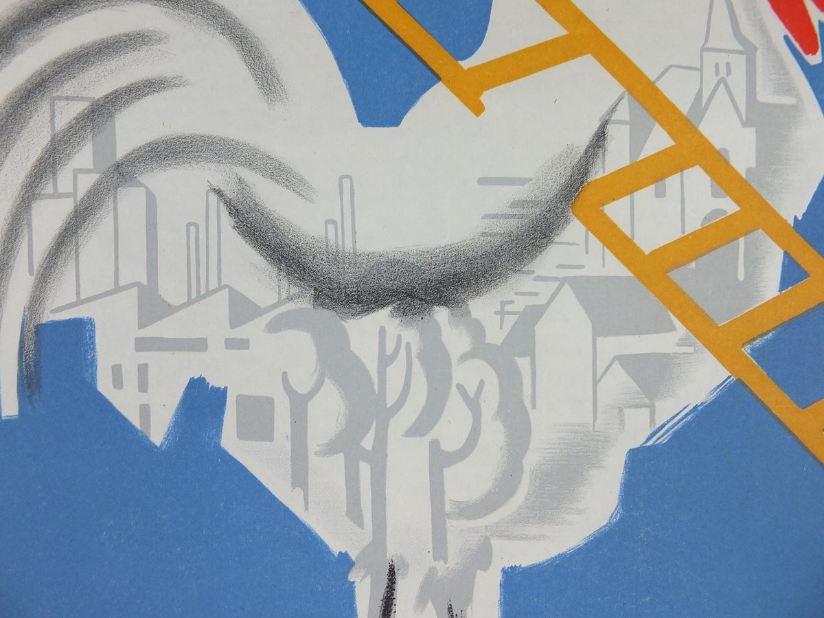 1951 Beautiful France Poster, Rooster with ladder building a better future for France, by Cromienes, wall art decor