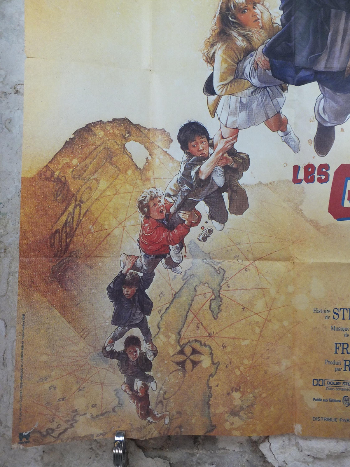1985 The Goonies Poster, Treasure map hunt for pirate gold of One Eyed Willy, Original French Grande size, wall art cinema film memorabilia