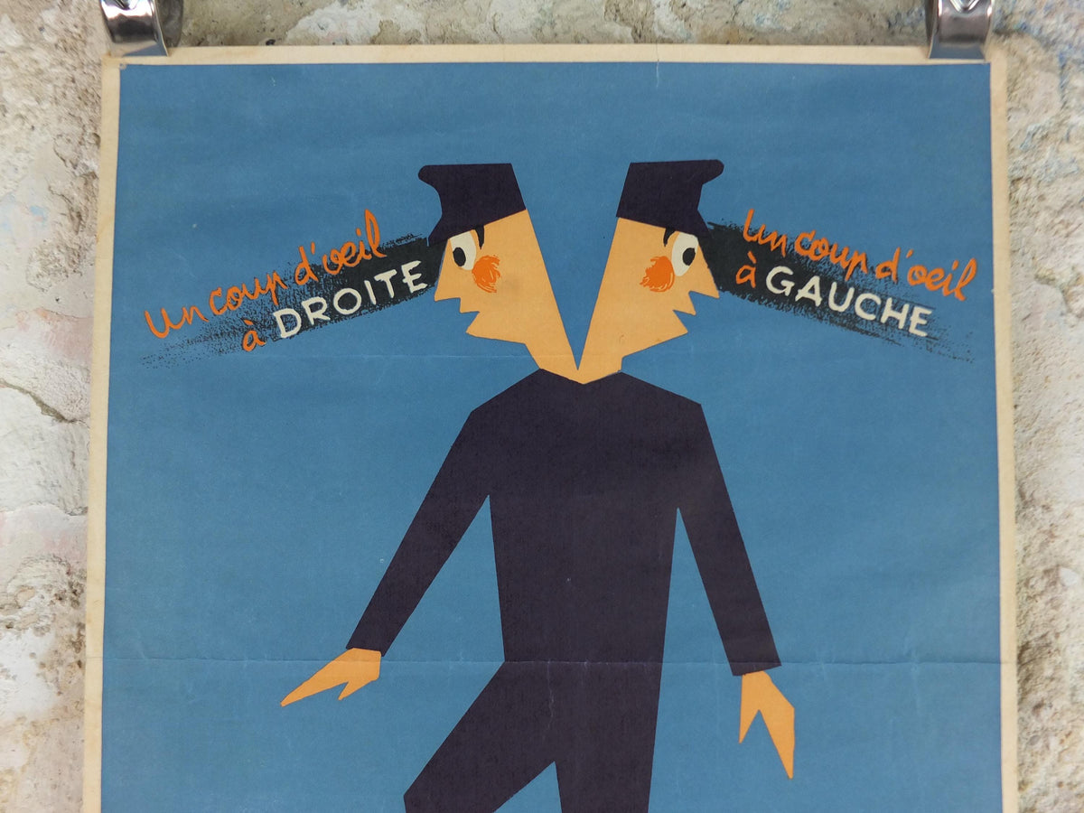 1950s SNCF rail safety poster, Look both ways before crossing, two heads, industrial, train rail dangers, retro wall art decor