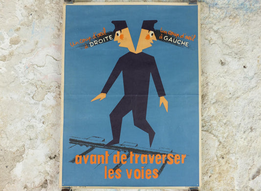 1950s SNCF rail safety poster, Look both ways before crossing, two heads, industrial, train rail dangers, retro wall art decor